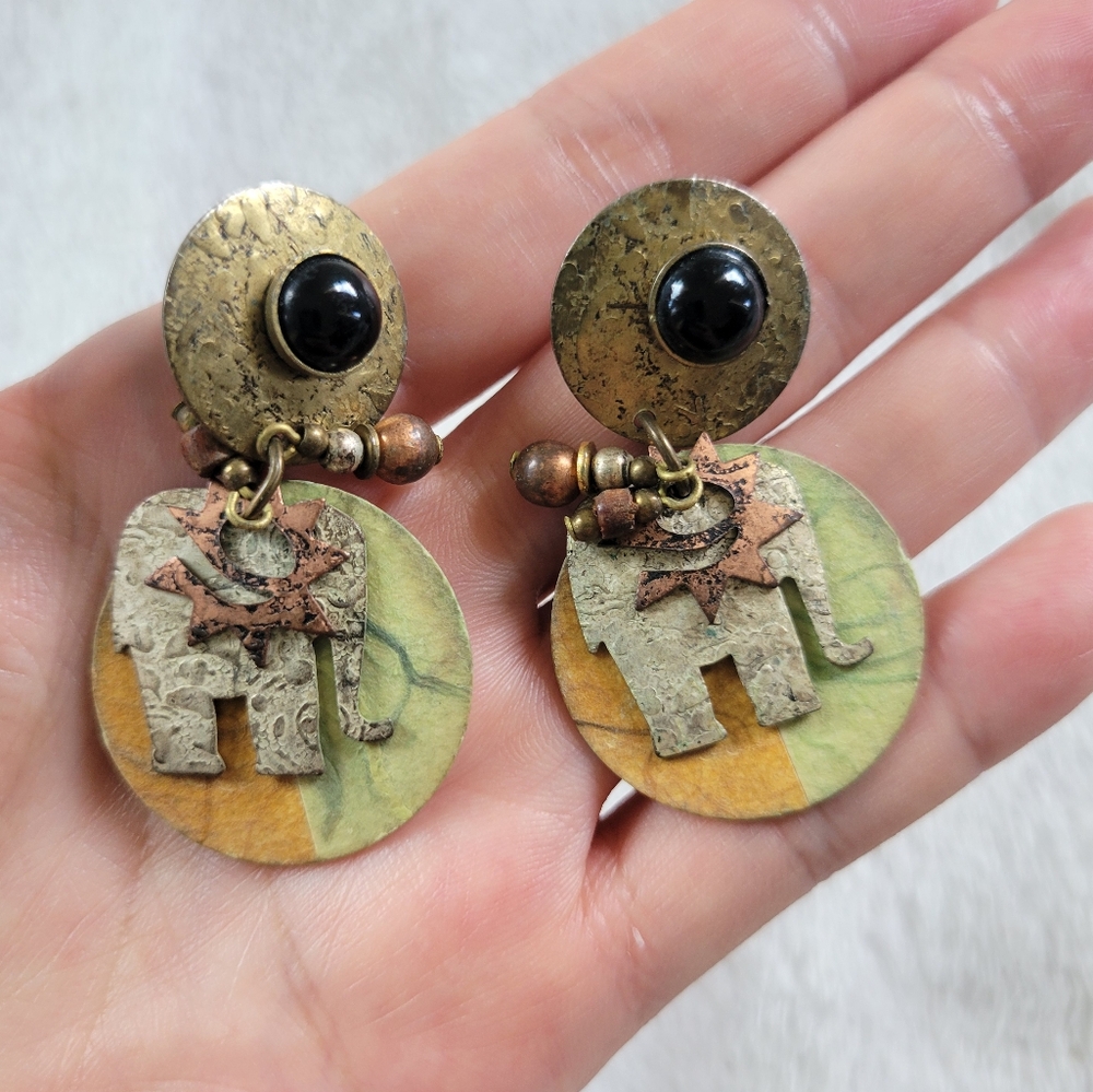 NWOT Artisan Boho Multi Tone Abstract Metal Elephant Disc Drop Earrings - Picture 2 of 5